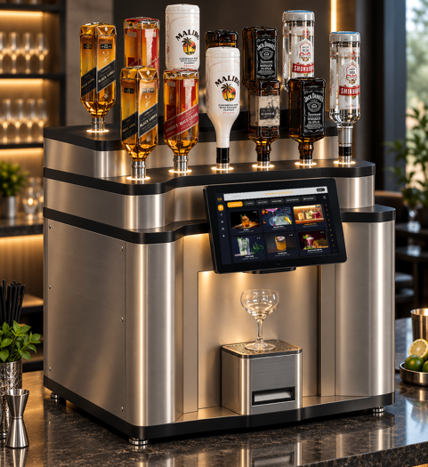 Poured 2 Perfection dispensing machine with premium spirit bottles mounted on top
